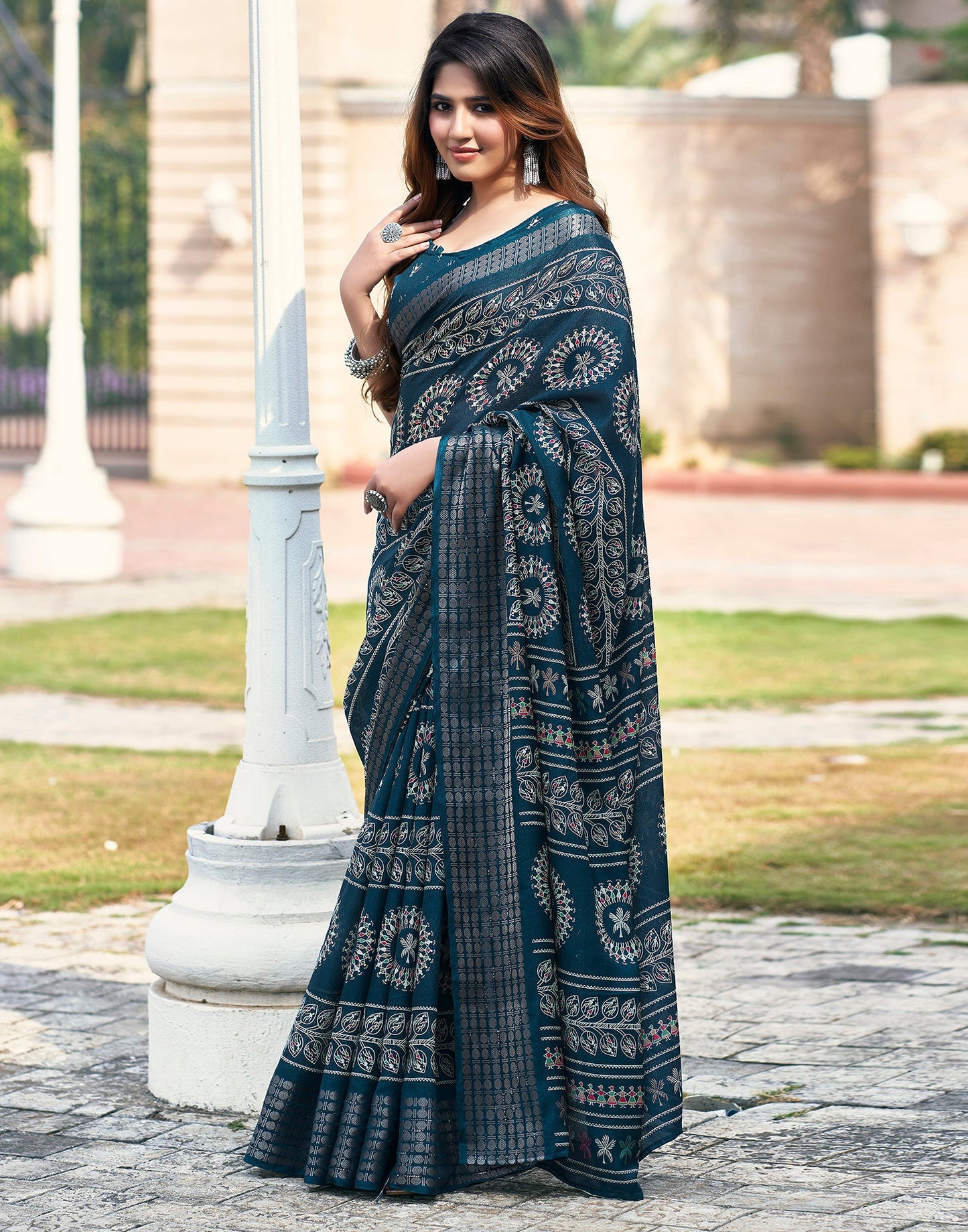 Sea Blue Silk Printed Saree