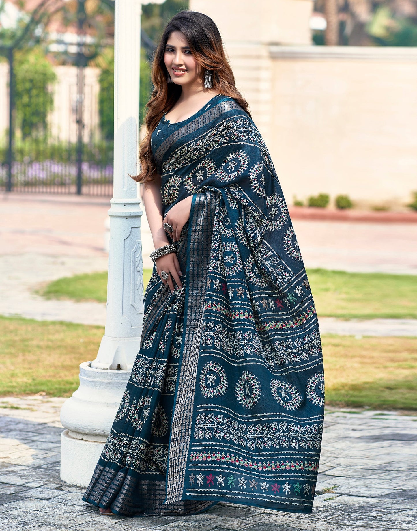 Sea Blue Silk Printed Saree