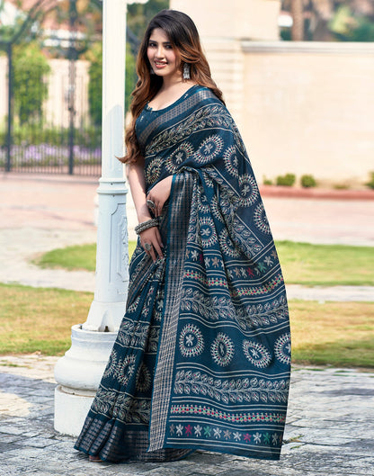 Sea Blue Silk Printed Saree