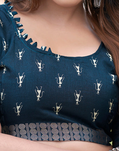 Sea Blue Silk Printed Saree