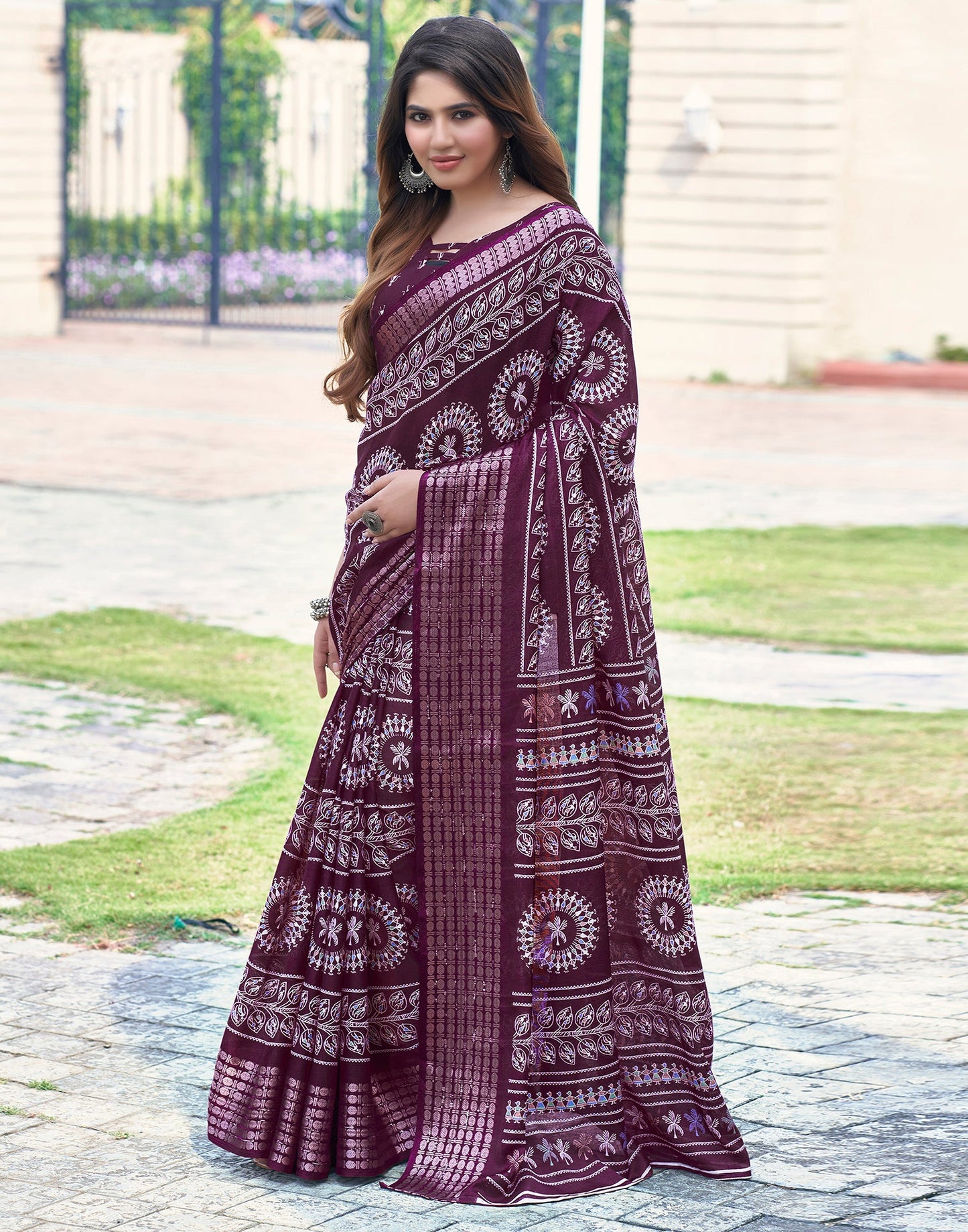 Wine Silk Printed Saree