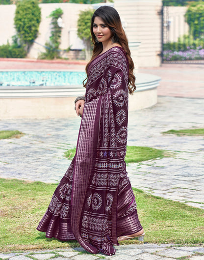 Wine Silk Printed Saree