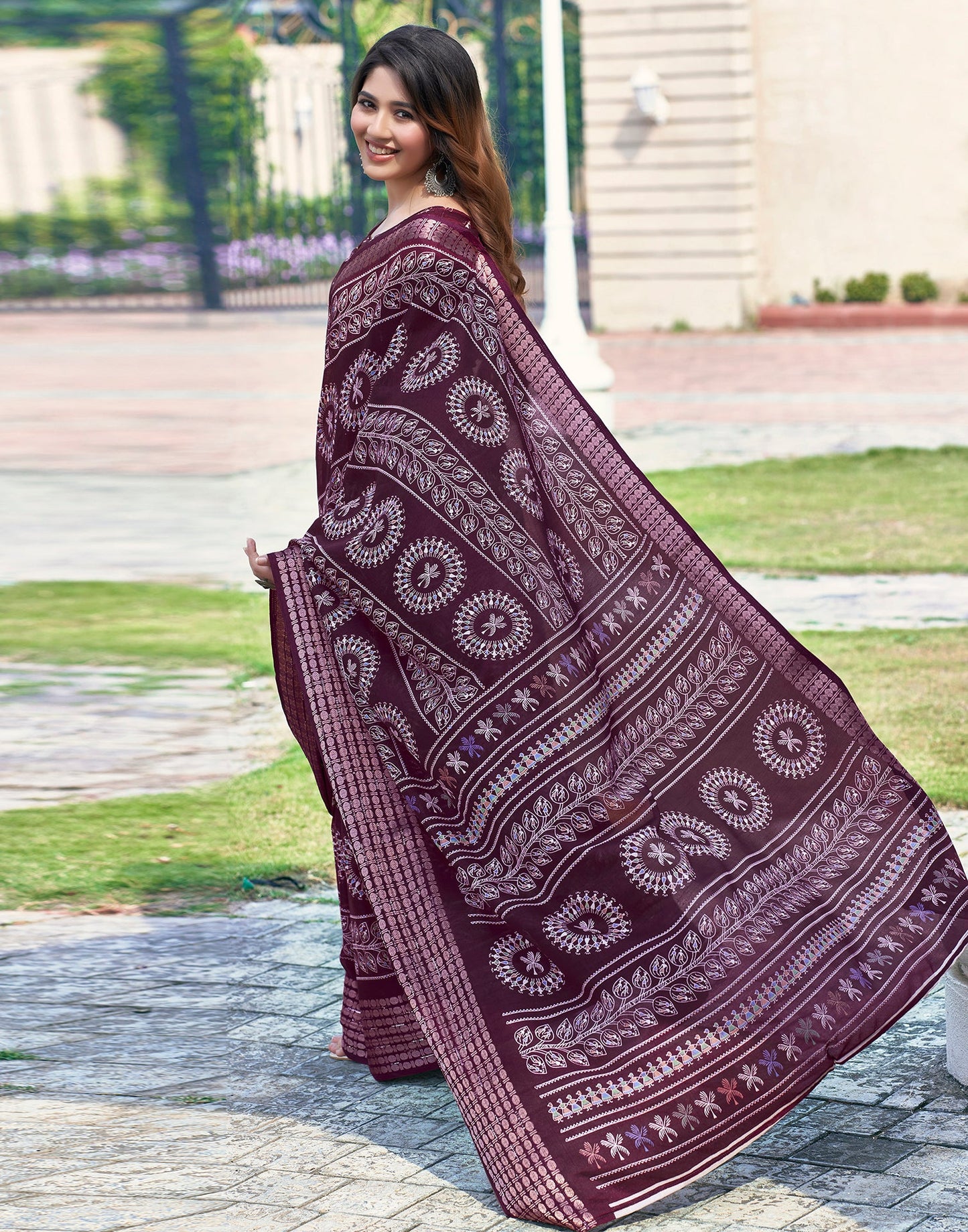 Wine Silk Printed Saree