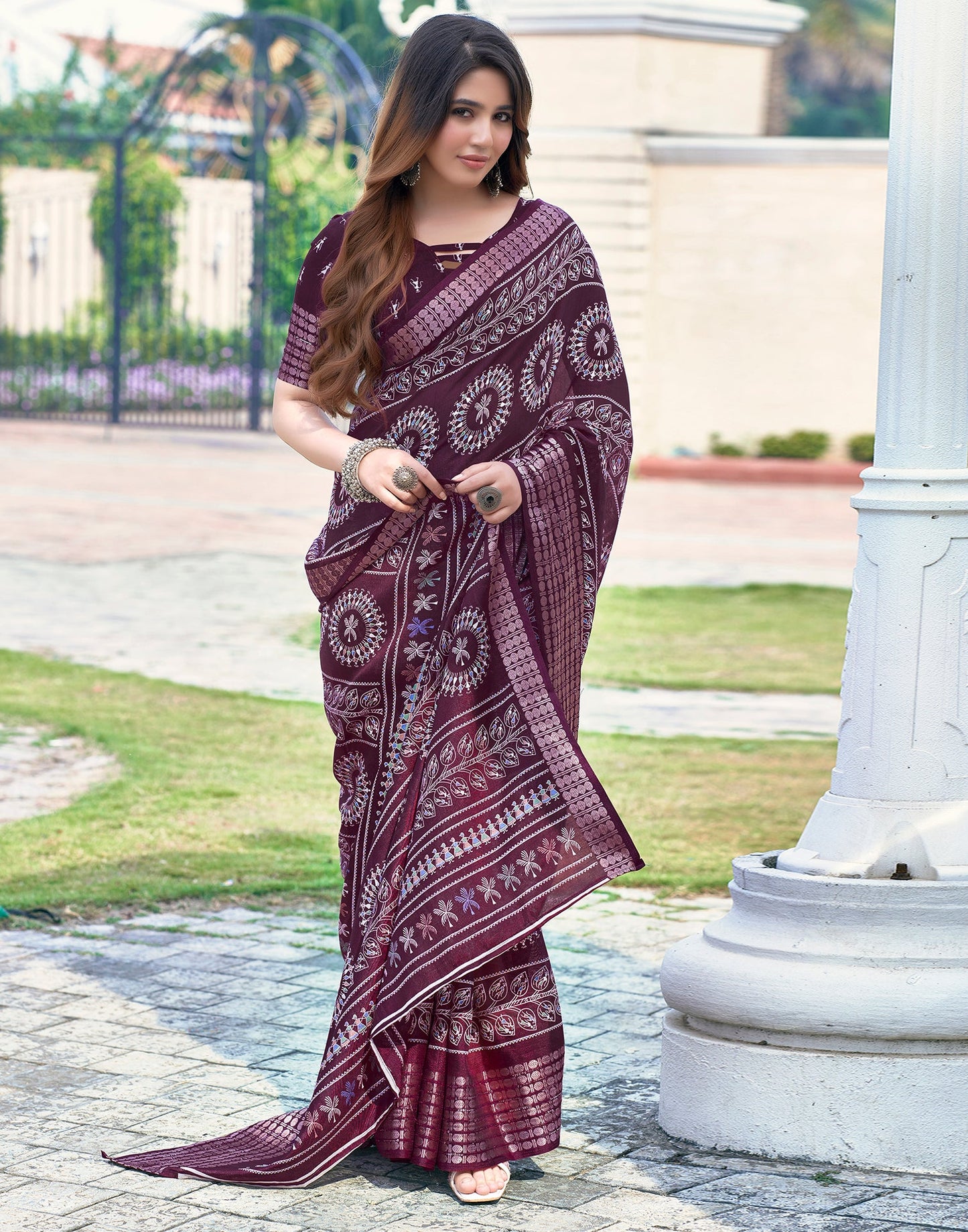 Wine Silk Printed Saree