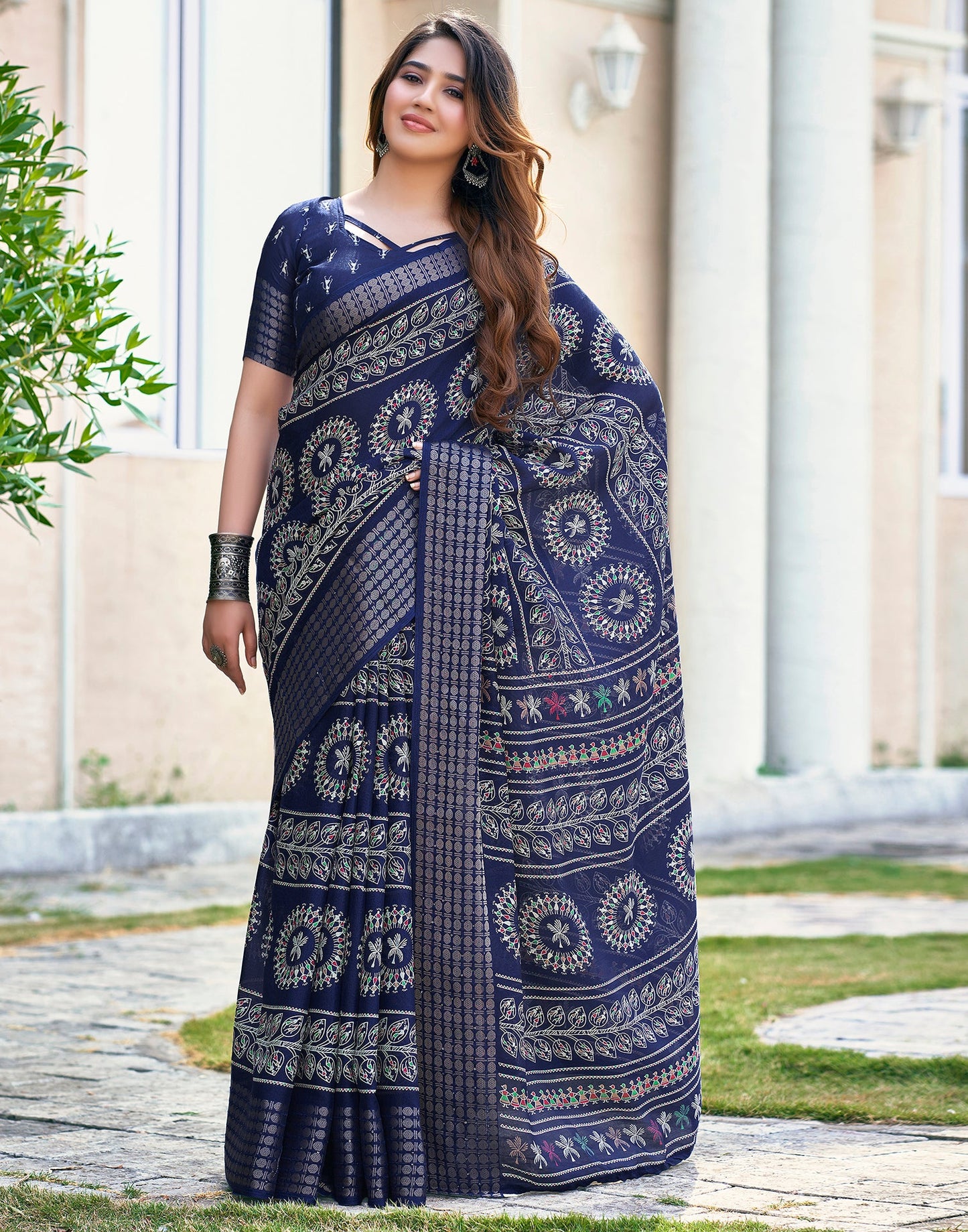 Dark Blue Silk Printed Saree