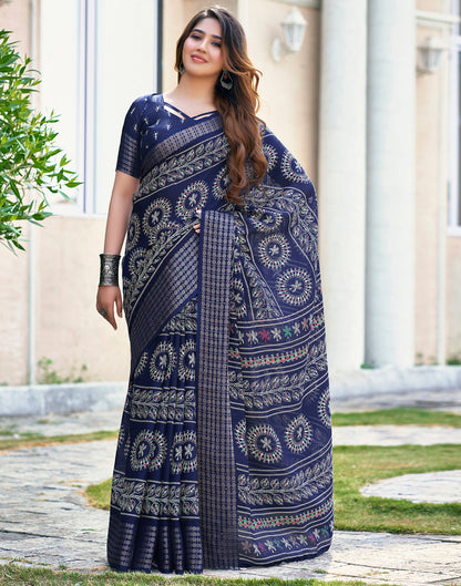 Dark Blue Silk Printed Saree
