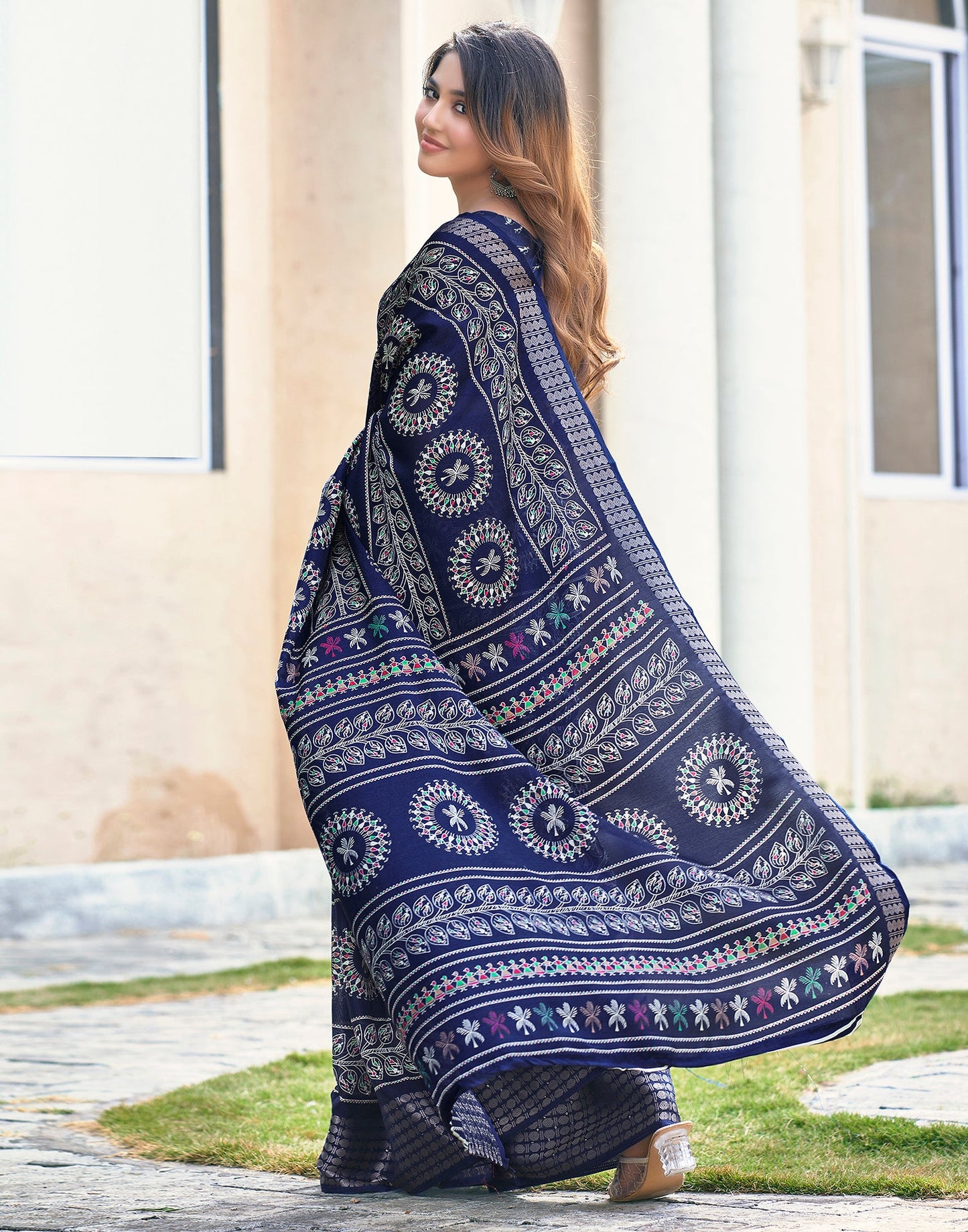 Dark Blue Silk Printed Saree