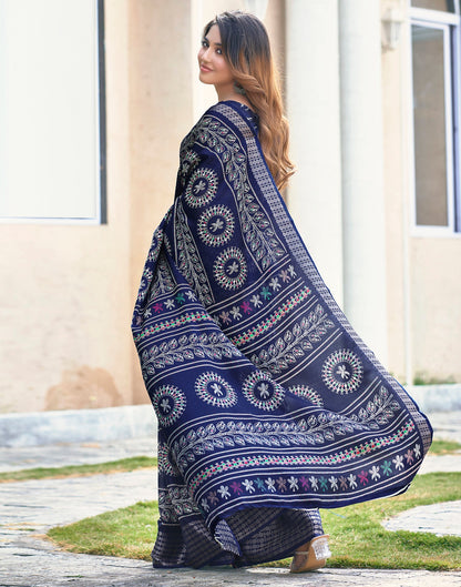Dark Blue Silk Printed Saree
