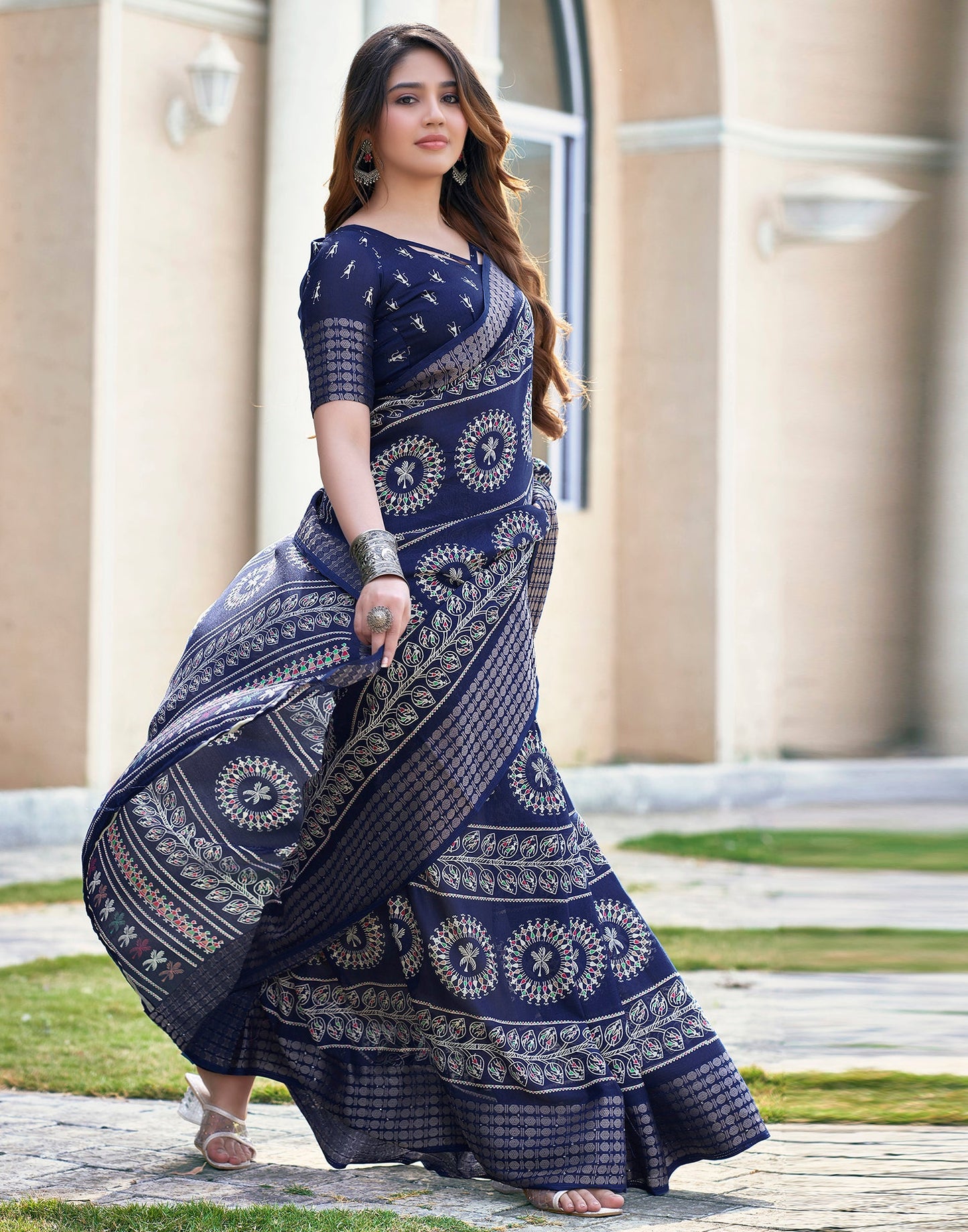 Dark Blue Silk Printed Saree