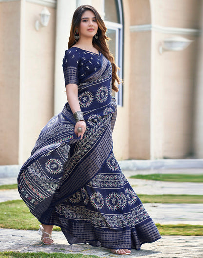 Dark Blue Silk Printed Saree