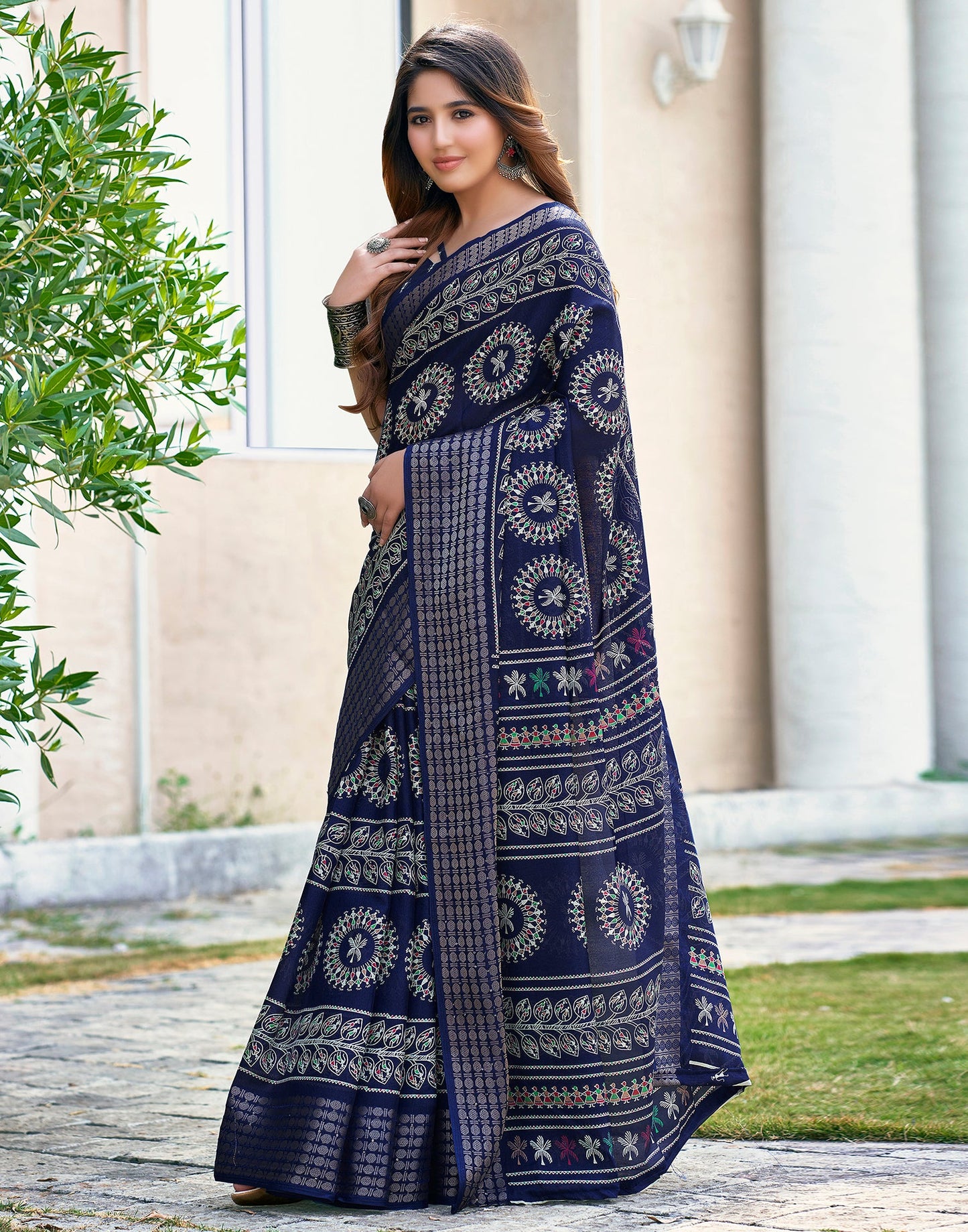 Dark Blue Silk Printed Saree