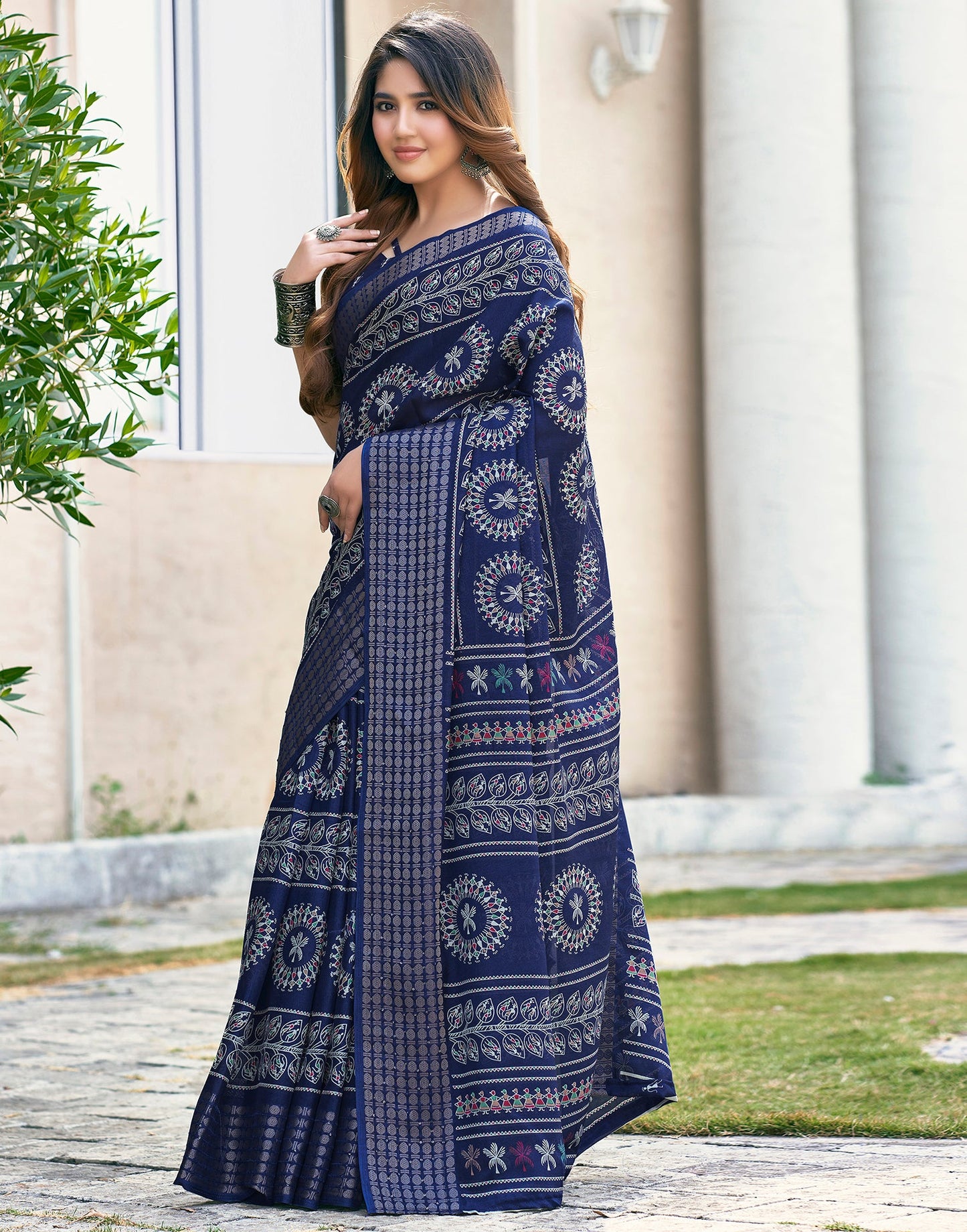 Dark Blue Silk Printed Saree