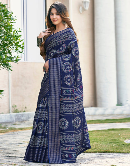 Dark Blue Silk Printed Saree