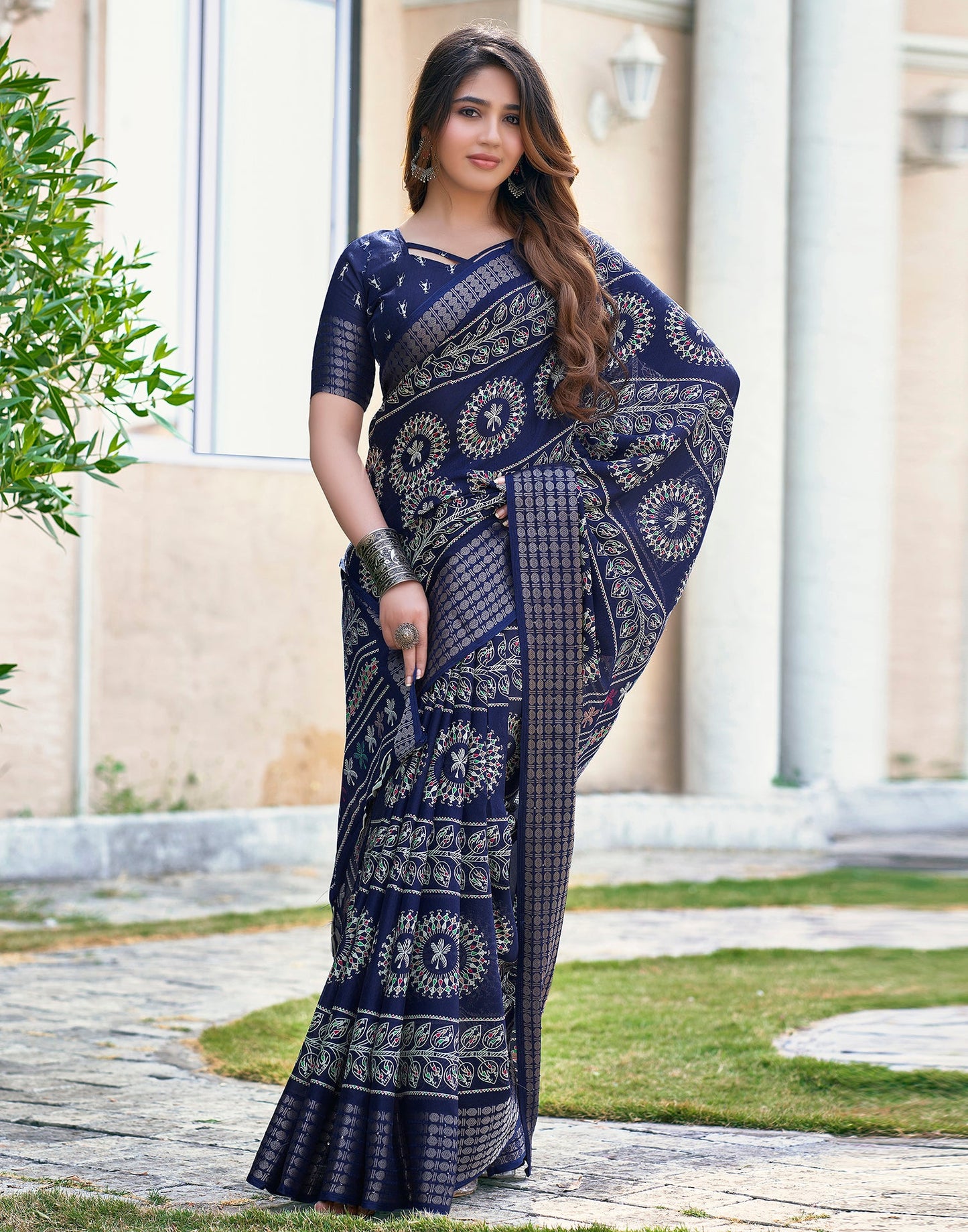 Dark Blue Silk Printed Saree