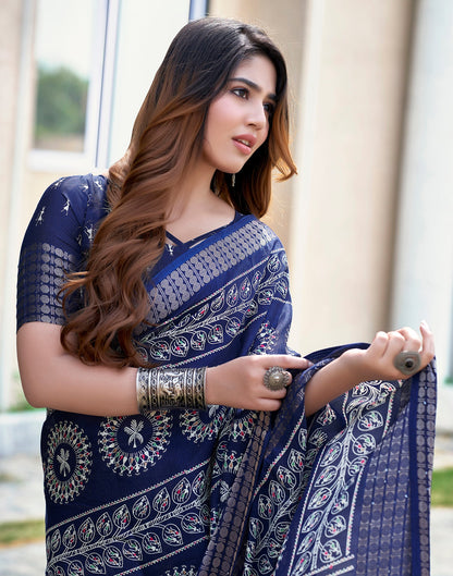 Dark Blue Silk Printed Saree