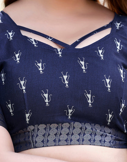 Dark Blue Silk Printed Saree