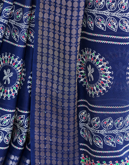 Dark Blue Silk Printed Saree