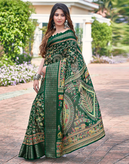 Bottle Green Silk Printed Saree