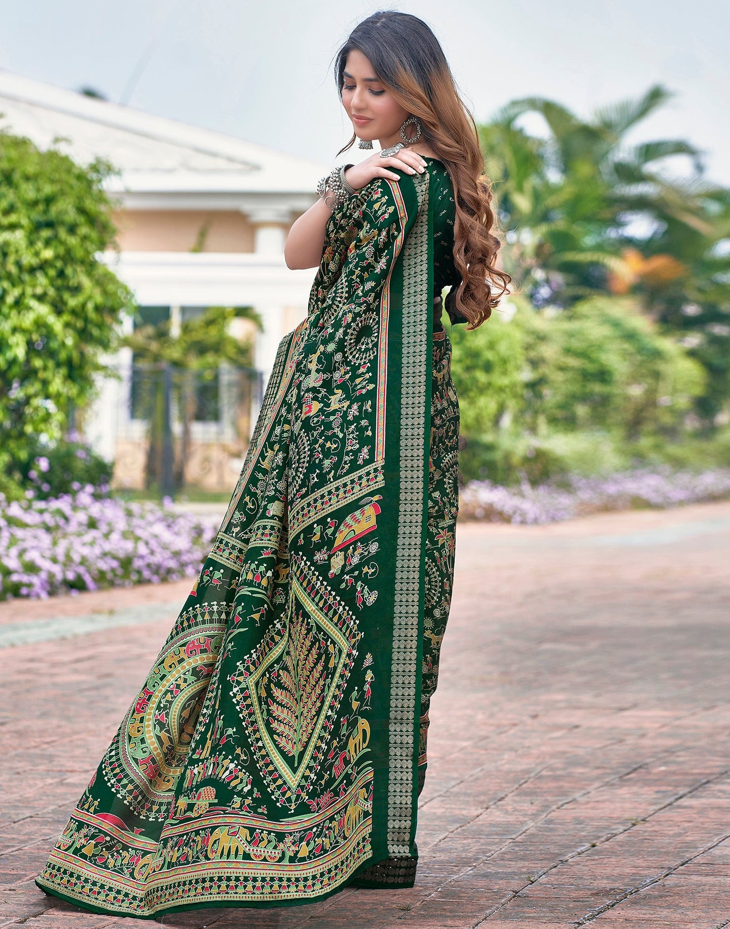 Bottle Green Silk Printed Saree