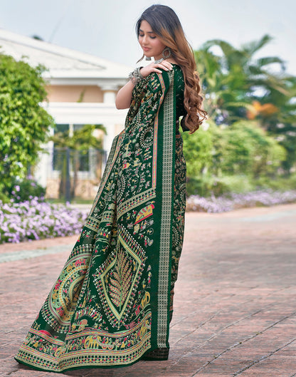 Bottle Green Silk Printed Saree