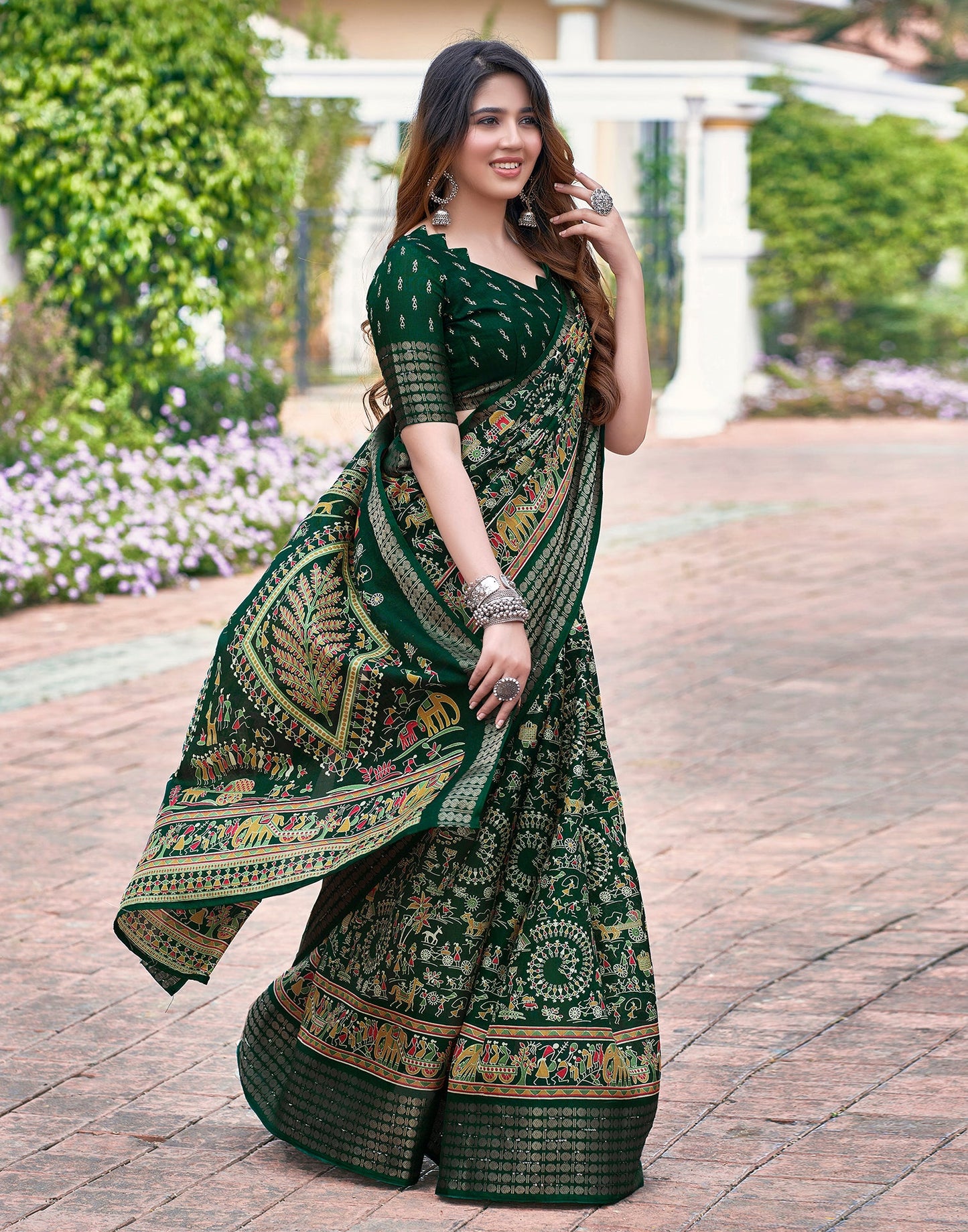 Bottle Green Silk Printed Saree