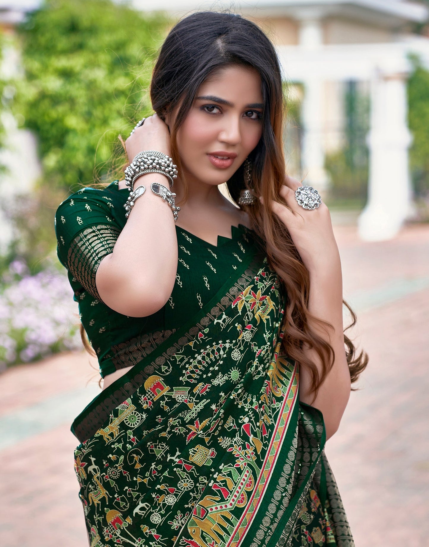 Bottle Green Silk Printed Saree