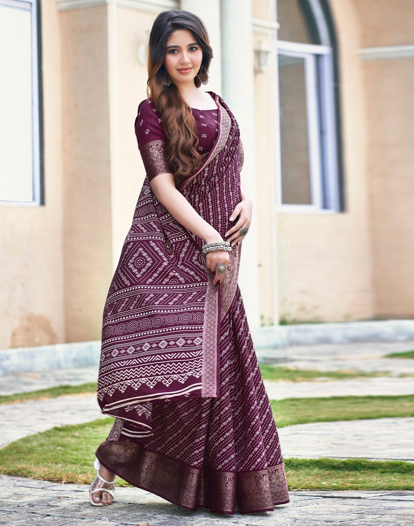 Wine Silk Printed Saree