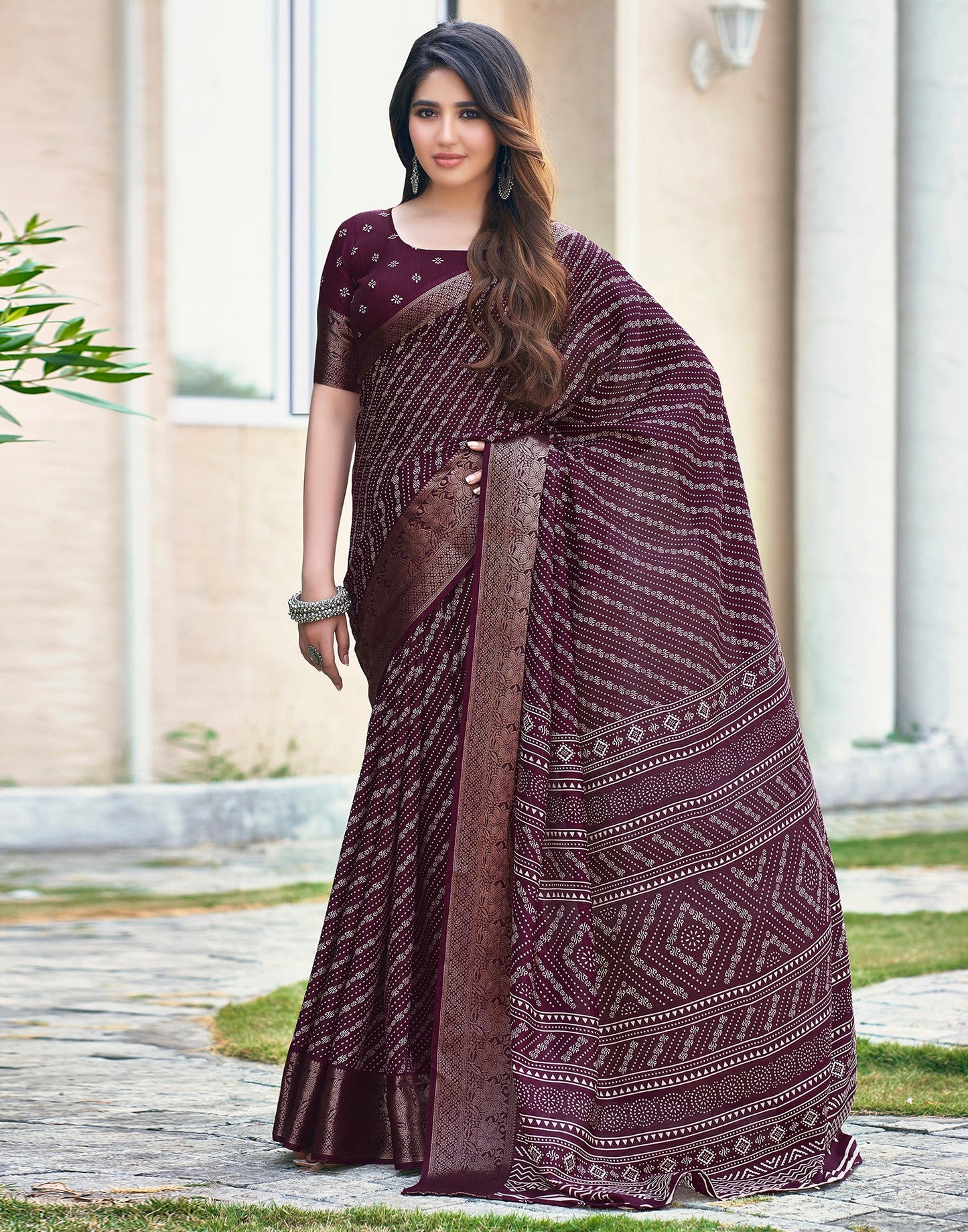 Wine Silk Printed Saree