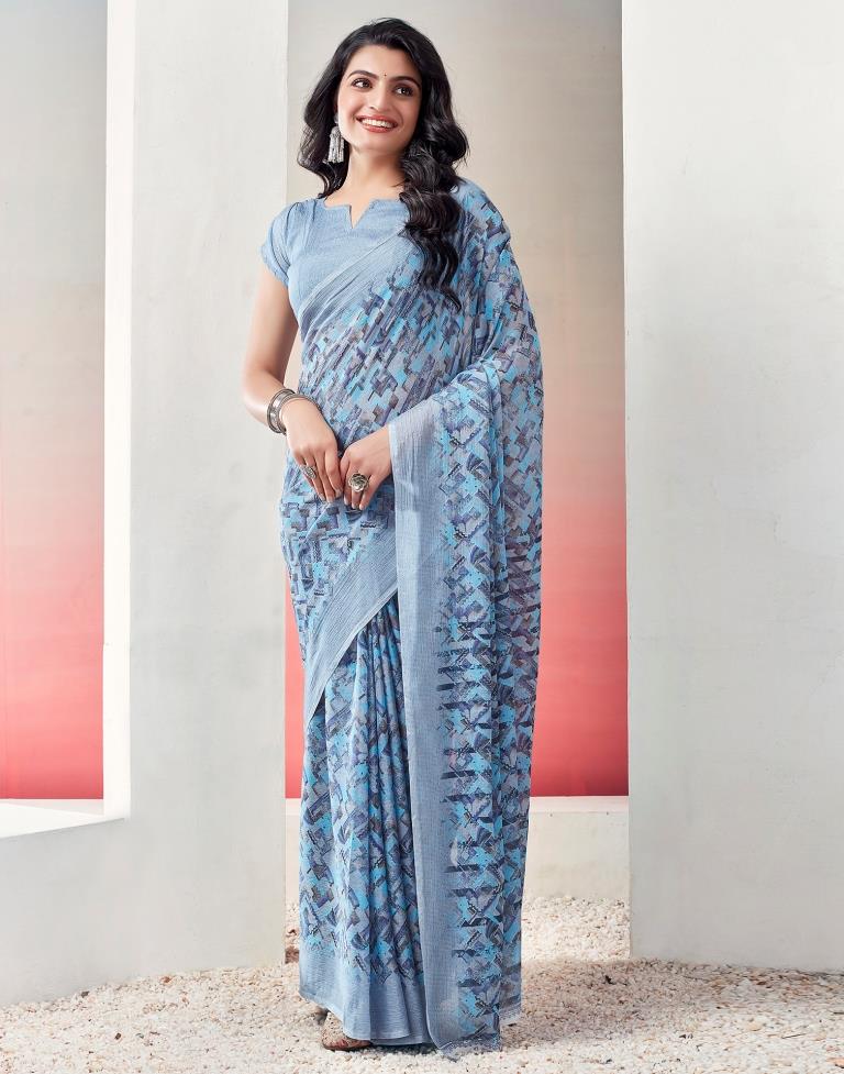 Light Grey & Blue Chiffon Printed  Saree