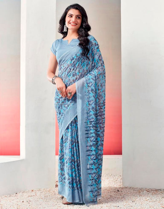 Light Grey & Blue Chiffon Printed  Saree
