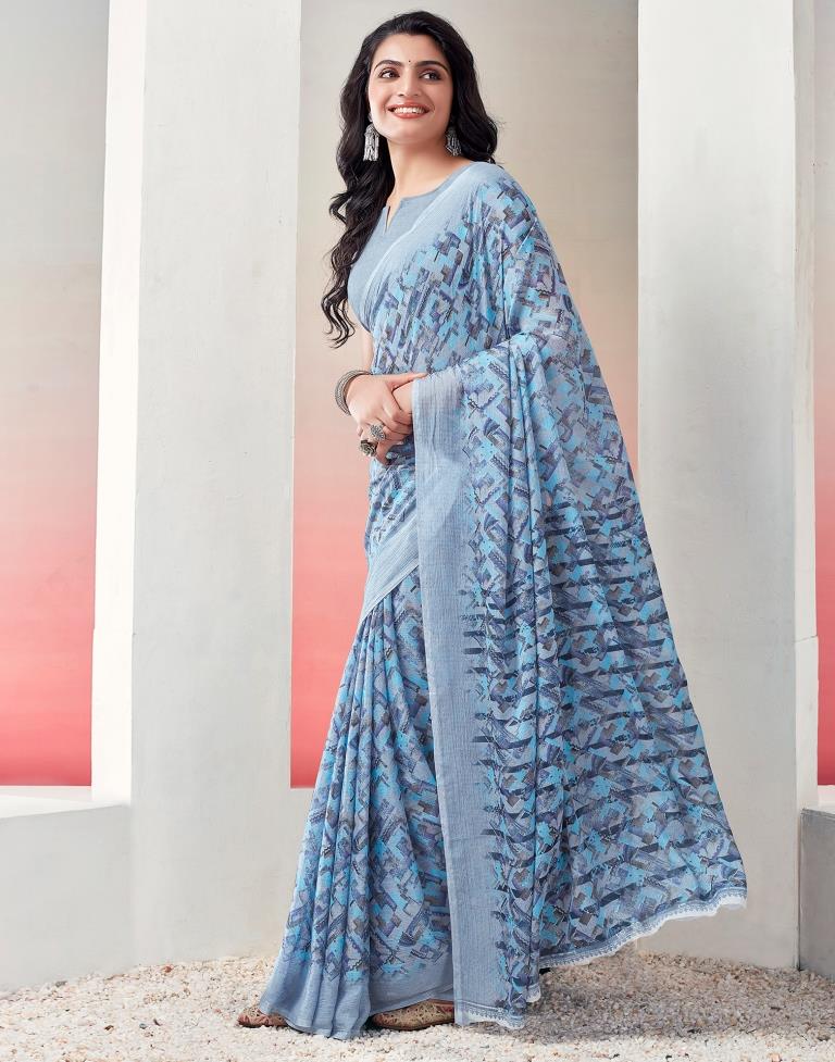 Light Grey & Blue Chiffon Printed  Saree