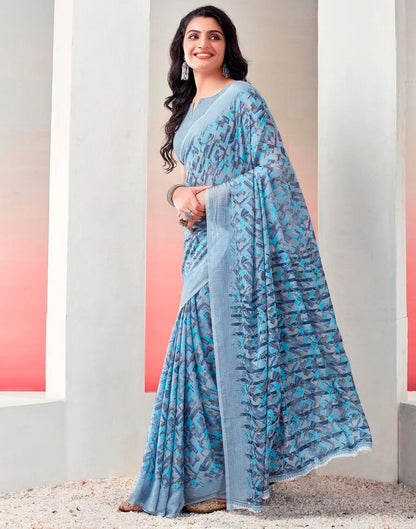 Light Grey & Blue Chiffon Printed  Saree