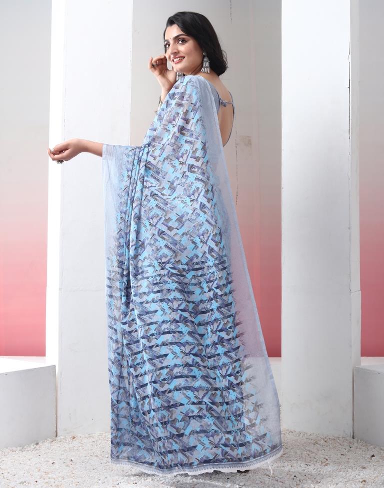 Light Grey & Blue Chiffon Printed  Saree