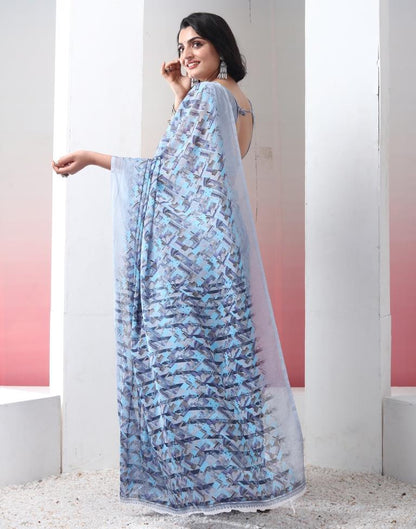 Light Grey & Blue Chiffon Printed  Saree