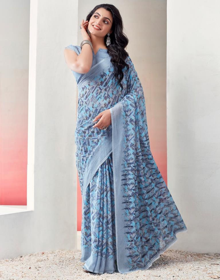 Light Grey & Blue Chiffon Printed  Saree