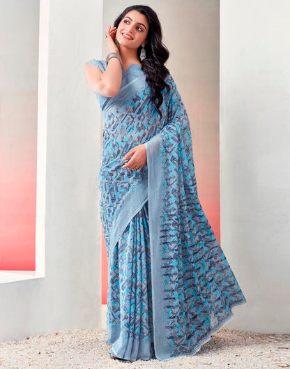 Light Grey & Blue Chiffon Printed  Saree