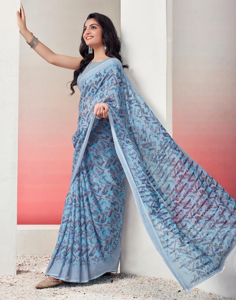 Light Grey & Blue Chiffon Printed  Saree