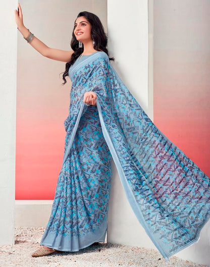 Light Grey & Blue Chiffon Printed  Saree