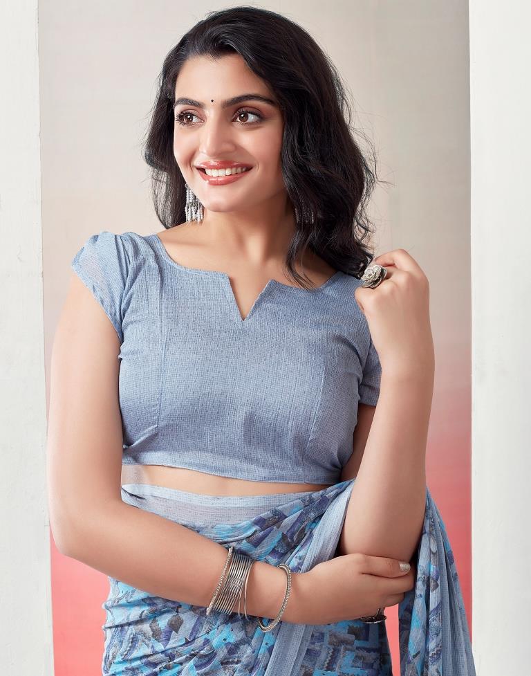 Light Grey & Blue Chiffon Printed  Saree