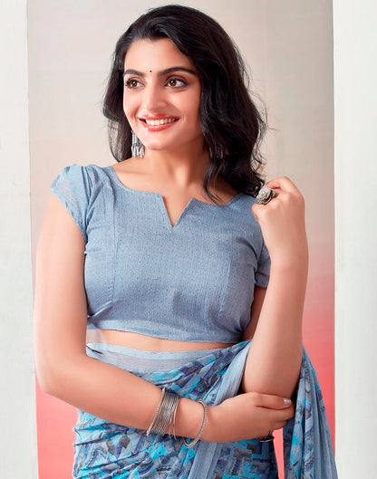 Light Grey & Blue Chiffon Printed  Saree