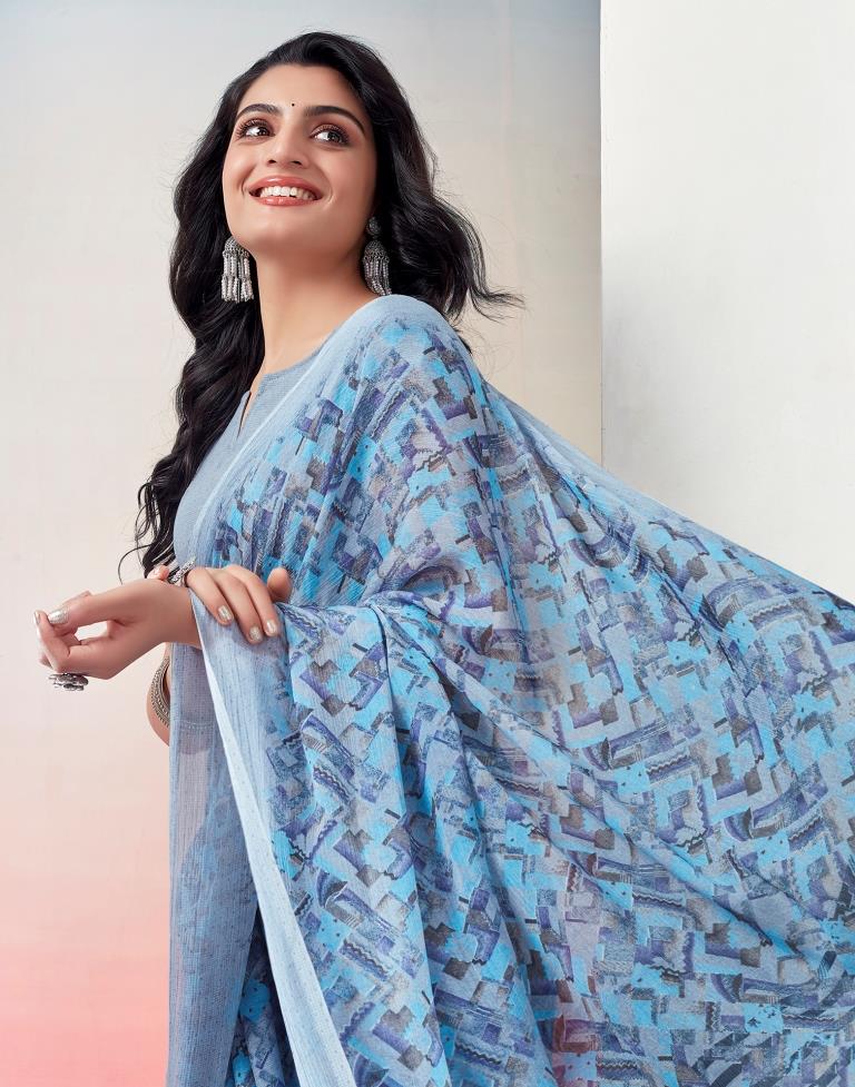 Light Grey & Blue Chiffon Printed  Saree