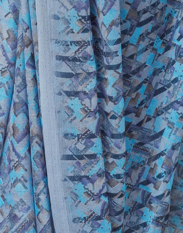 Light Grey & Blue Chiffon Printed  Saree