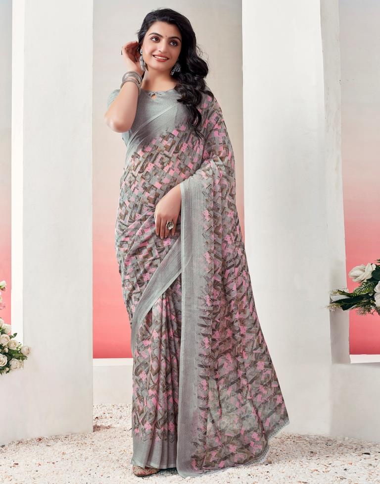 Light Brown & Multicoloured Chiffon Printed  Saree