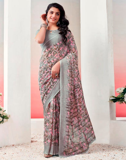 Light Brown & Multicoloured Chiffon Printed  Saree