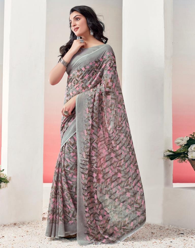 Light Brown & Multicoloured Chiffon Printed  Saree