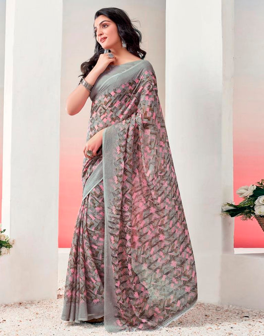 Light Brown & Multicoloured Chiffon Printed  Saree
