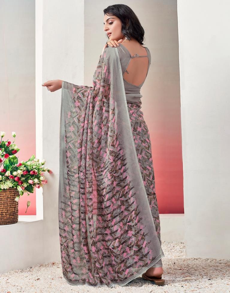 Light Brown & Multicoloured Chiffon Printed  Saree