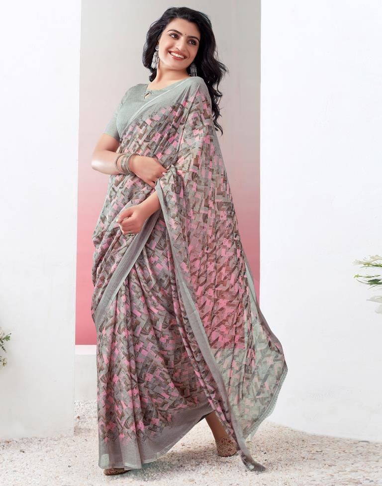Light Brown & Multicoloured Chiffon Printed  Saree