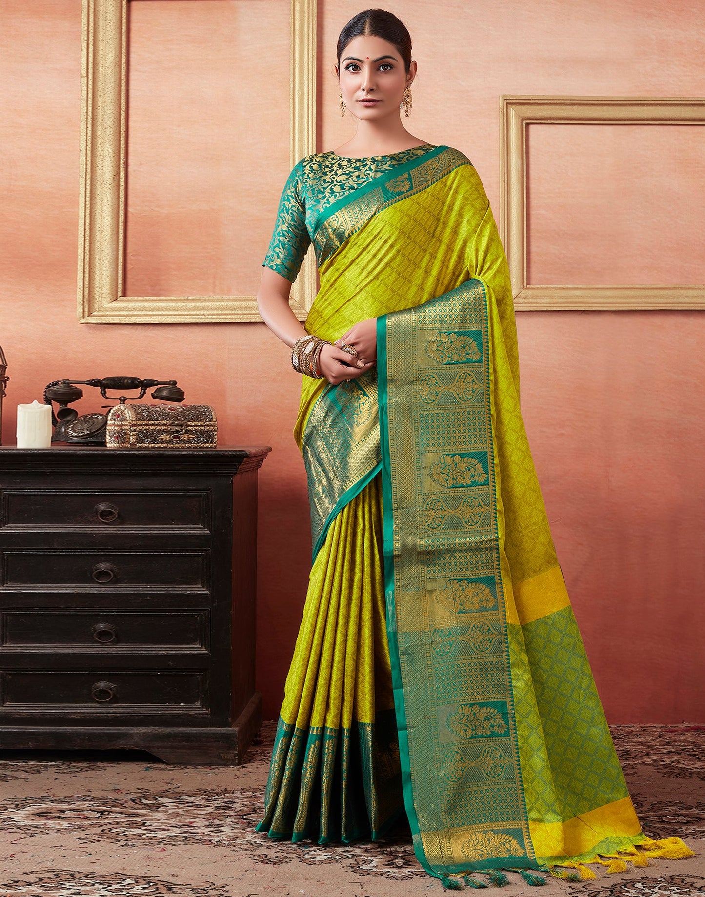 Lime Green Silk Weaves Saree