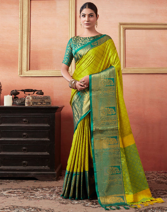 Lime Green Silk Weaves Saree